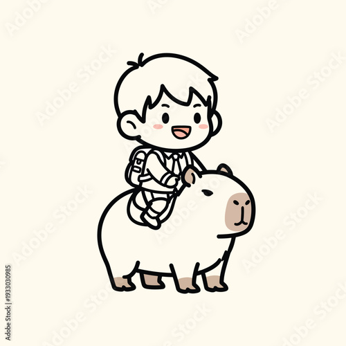 A cartoon child with backpack rides on a cartoon rodent. The child is smiling and the animal is light beige