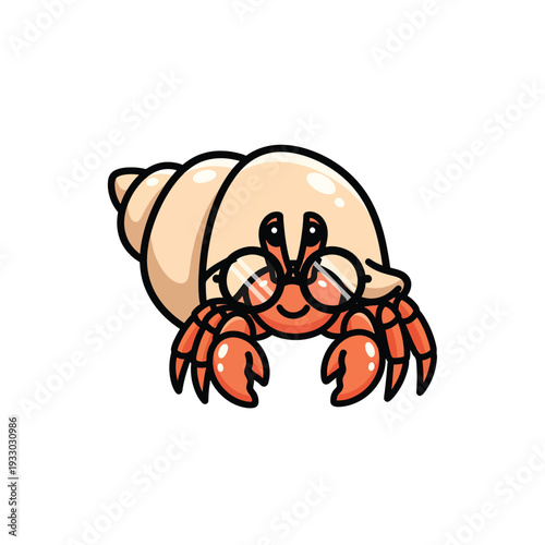 A cartoon creature, orange and red, with shell and glasses, on white background. Cute, smiling, with claw-like limbs