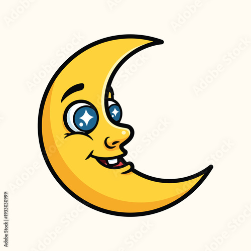 A cartoon crescent moon with a face is smiling. It features blue eyes with star highlights, a rosy nose and a line smile revealing two teeth