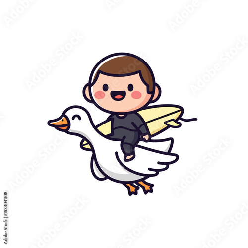 A cartoon child with rosy cheeks, wearing a black outfit, and a surfboard sits on a white goose in flight. It has a smiling expression