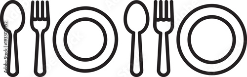 Plate, fork, and spoon icons arranged in a row representing a meal setting, perfect for restaurant menus, food blogs, and culinary services.
