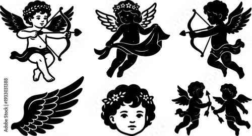 Tattoo flash vintage cherub and cupid silhouettes decorative set showing bows arrows flying wings floral wreaths face close up valentines