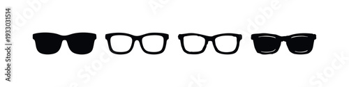 Diverse hand-drawn eyeglasses and spectacles icons in black and white, front view illustration set.