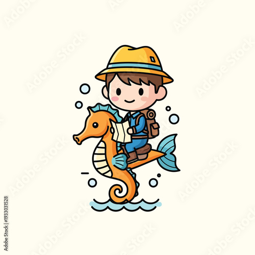 A cartoon adventurer with a hat rides an orange seahorse. He carries a backpack and reads a map, with bubbles and waves