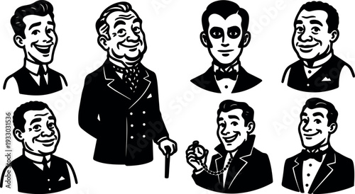 Retro 1950s vector art group of smiling gentlemen in tuxedos suits holding pocket watch vintage black and white line art