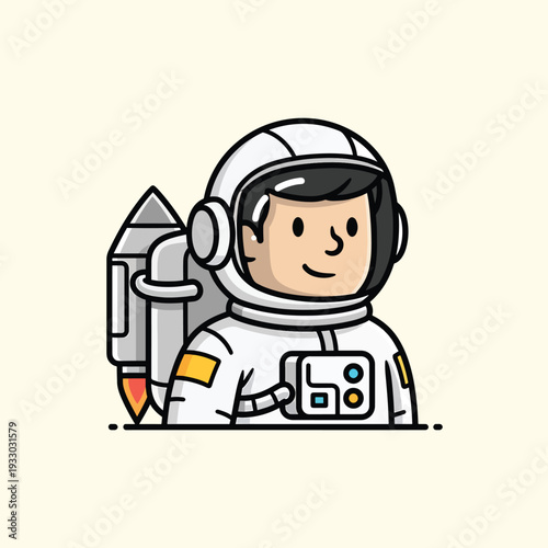 A cartoon astronaut illustration, wearing a spacesuit with a jetpack, smiling, and ready for space exploration. Background is light yellow