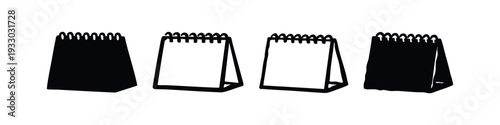 Set of hand-drawn desktop spiral calendar and notepad icons in black silhouettes and outlines on white.