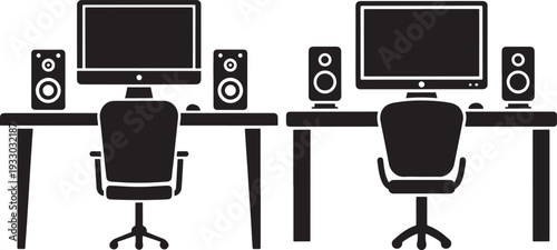 Two Desks with Computers, Speakers, and Chairs, Depicting Office Workstations or Home Computing Setups