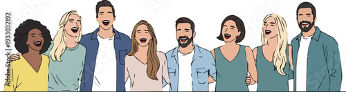 Diverse group of young adults standing together, smiling and laughing, in a vibrant and lively atmosphere, from a front viewpoint.