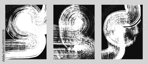 Set of abstract backgrounds. White brush strokes on black background, patterns, posters, cover.