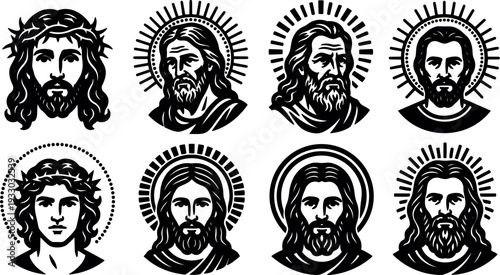 Tattoo flash woodcut style portraits of bearded haloed saint like faces in eight icon variations frontal and three quarter lighting