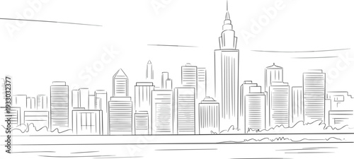 Black and white city skyline line art, modern urban landscape illustration with skyscrapers waterfront minimalist outline drawing
