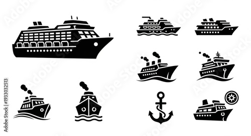 Collection of various cruise ship and boat silhouettes for travel and transport.