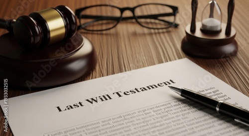 Last will testament document with legal and time elements on a wooden desk.