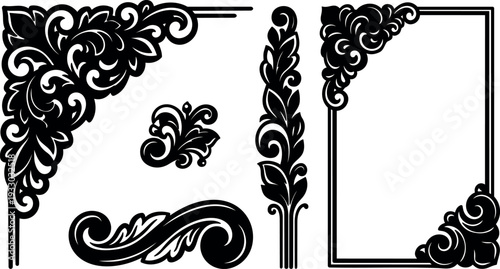 Baroque ornamental corner flourishes and vintage frame elements with acanthus leaves scrollwork close up vector art black white elegant symmetrical