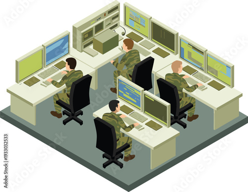 Isometric military operations center illustration, soldiers monitoring cybersecurity systems in high tech command control room