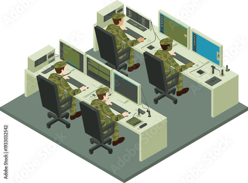 Tableau sur toile Isometric military control room illustration, soldiers operating computer monito