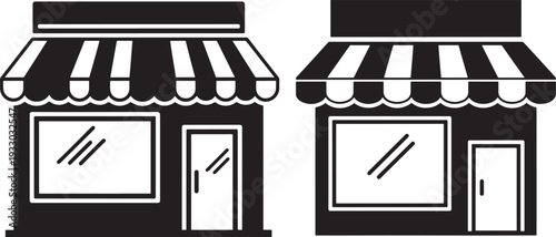 Vector Icons of Two Storefronts with Awnings and Windows, Illustrating Retail Shops or Small Businesses