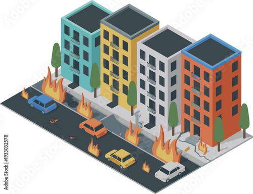 Isometric urban fire disaster scene, burning apartment buildings and cars on city street emergency crisis illustration