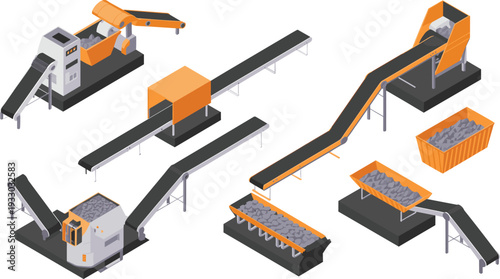 Isometric stone processing plant conveyor system, industrial rock crushing and screening machinery illustration isolated on white background