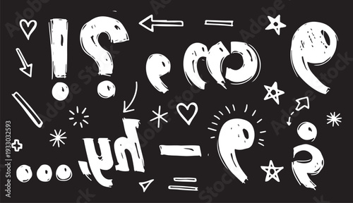 A reversed pair of playful and comprehensive collection of hand-drawn punctuation marks and decorative symbols, featuring both bold black ink designs and a white chalk-on-blackboard aesthetic.