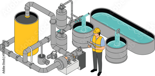 Isometric wastewater treatment system illustration, industrial water filtration process with storage tanks, pipelines and engineer inspection concept