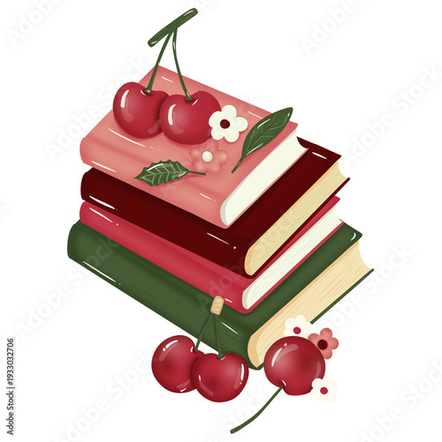 Stacked books topped with cherries