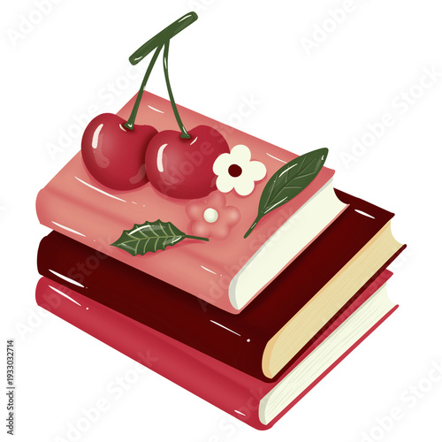 Stacked books topped with cherries