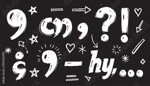 A comprehensive collection of hand-drawn punctuation marks, icons, and symbols rendered in a white chalk-on-blackboard style, featuring various hearts, arrows, and stars.