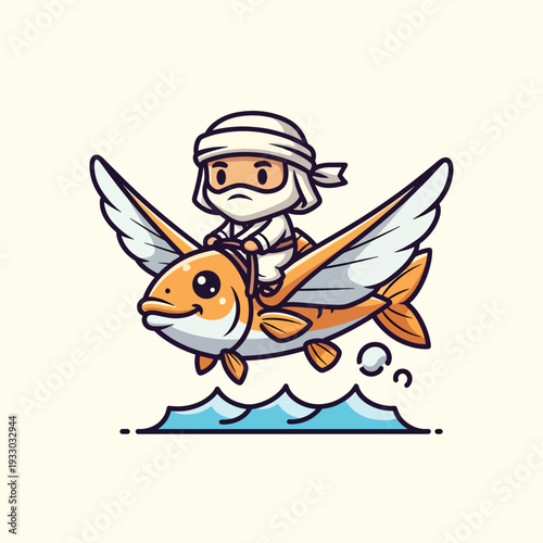 A cartoon character wearing a turban rides a winged fish above stylized ocean waves. The fish is orange with white wings. The background is cream