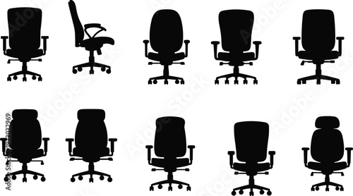 Black office chair silhouettes collection, ergonomic seating vector illustration, workplace furniture design, modern decor graphic, professional interior decor elements