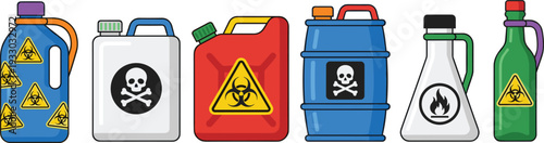 Hazardous chemical containers illustration featuring toxic, flammable and biohazard warning symbols on industrial liquid storage canisters in flat design style