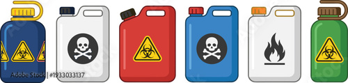 Hazardous chemical containers collection illustration featuring toxic, flammable and biohazard warning symbols on industrial safety canisters in flat design style