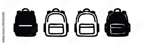 Set of four backpack icons in solid and outline versions for school, travel, and everyday use