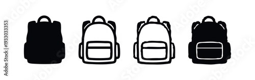 Four distinct backpack icons featuring solid black and outline styles, front view illustration