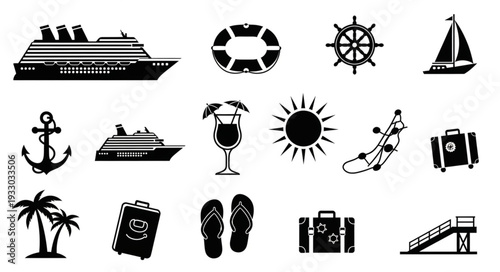 Collection of various travel and vacation related icons and symbols for design.