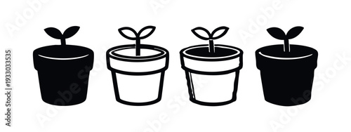 Collection of potted plant vector icons in solid and outline isometric styles, isolated on white