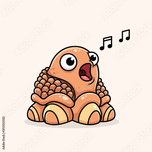 A cartoon creature with a bulbous head, large eyes, and an open mouth sings, accompanied by musical notes. It has a patterned torso and bent limbs