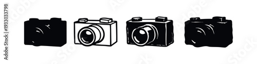 Hand-drawn style camera icons set with a side angle perspective, suitable for photography projects on white background