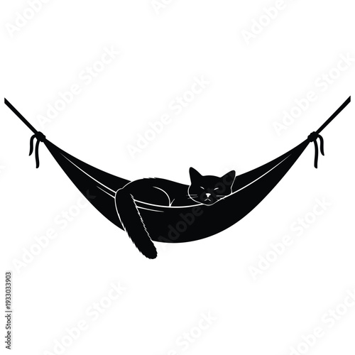 Cat relaxing in hammock, serene black silhouette design
