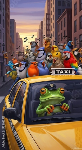 Happy frog drives yellow taxi with birds singing on roof together