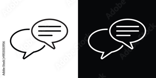 Modern outline style double speech bubble icon. Features a linear design representing messaging, networking, social media discussion, and digital conversation between two people.