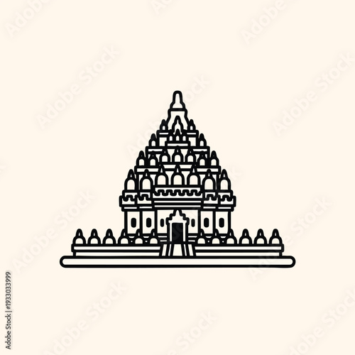 A black and white line art illustration depicts a multi-tiered temple structure, symmetrical, with arched entries and conical tops on an off-white background