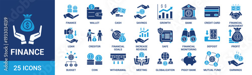 Finance icon set. Containing loan, cash, saving, financial goal, profit, budget, mutual fund, earning money and revenue icons. Solid icons collection.