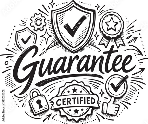 Guarantee Certified Quality Hand Drawn Doodle Illustration with Shields, Checkmarks, and Security Icons for Business Trust and Assurance - vector icons