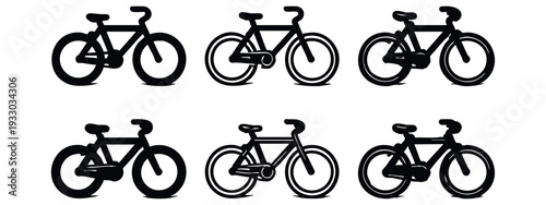 Set of six black and white bicycle icons in various flat and outline styles, ideal for web or print design.
