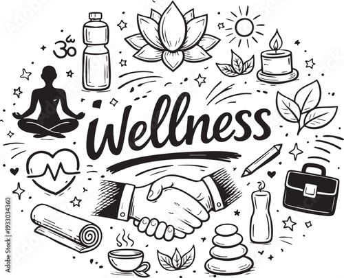 Hand-drawn Wellness Concept Illustration: Yoga, Health, Business, and Relaxation Icons in Doodle Style - vector icons