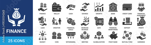 Finance icon set. Containing loan, cash, saving, financial goal, profit, budget, mutual fund, earning money and revenue icons. Glyph icons collection.