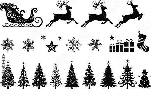 Christmas holiday silhouette icon set with Santa sleigh, reindeer, snowflakes, gifts, stockings, snowman and decorated fir trees, festive winter vector illustration collection