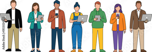 Diverse people using laptops tablets and smartphones illustration representing modern digital communication, remote work, technology lifestyle and online collaboration concept